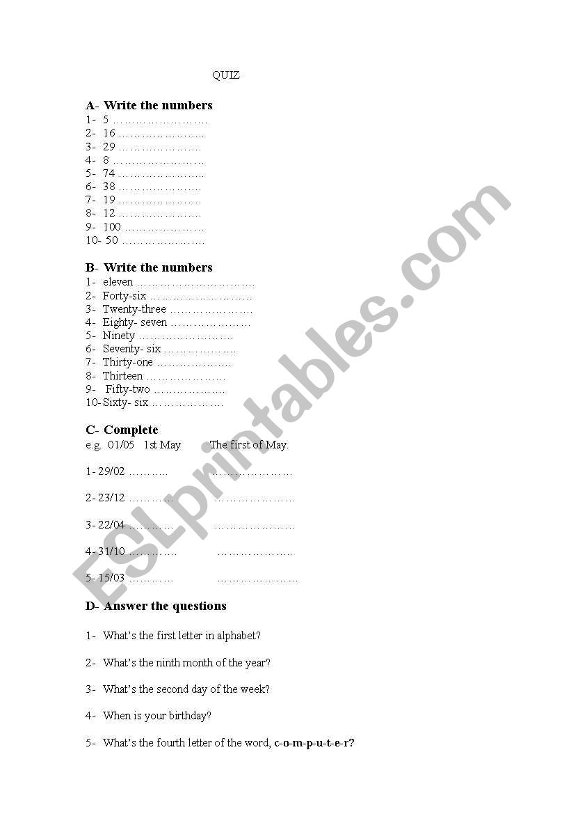 Telling the numbers and date worksheet