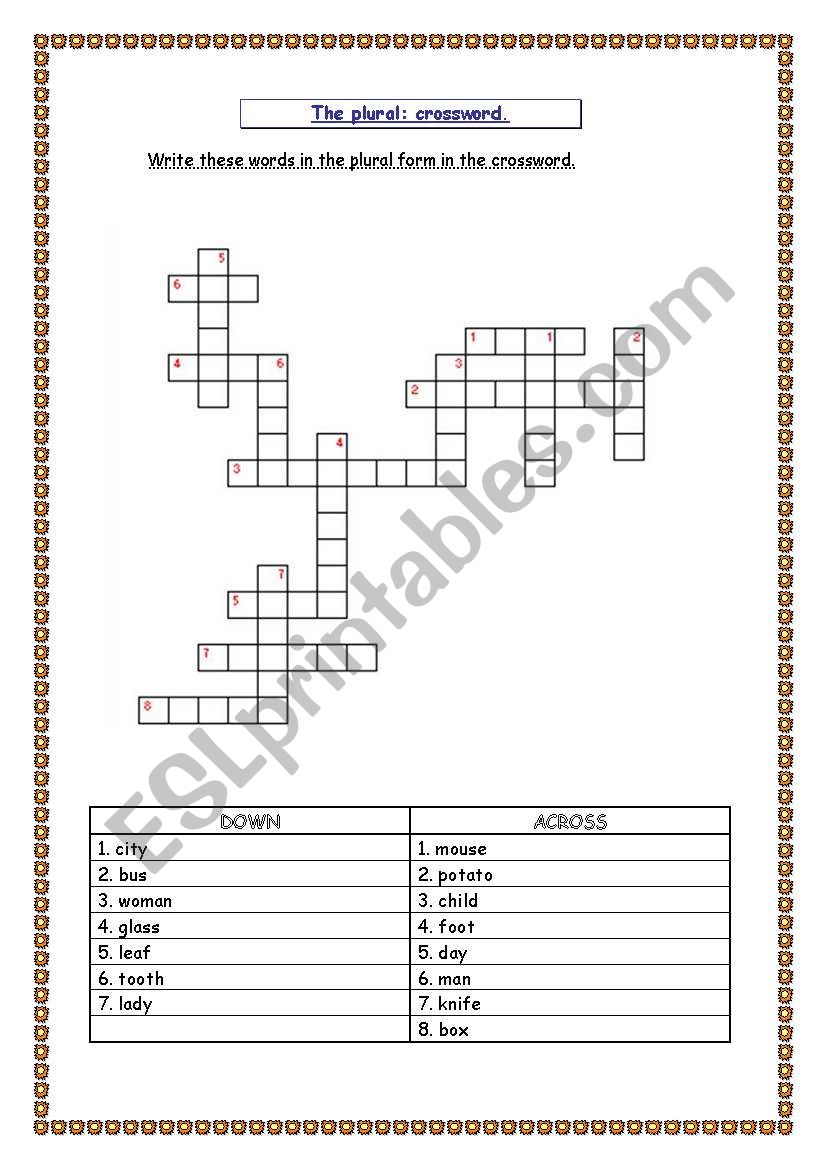 the plural crossword worksheet
