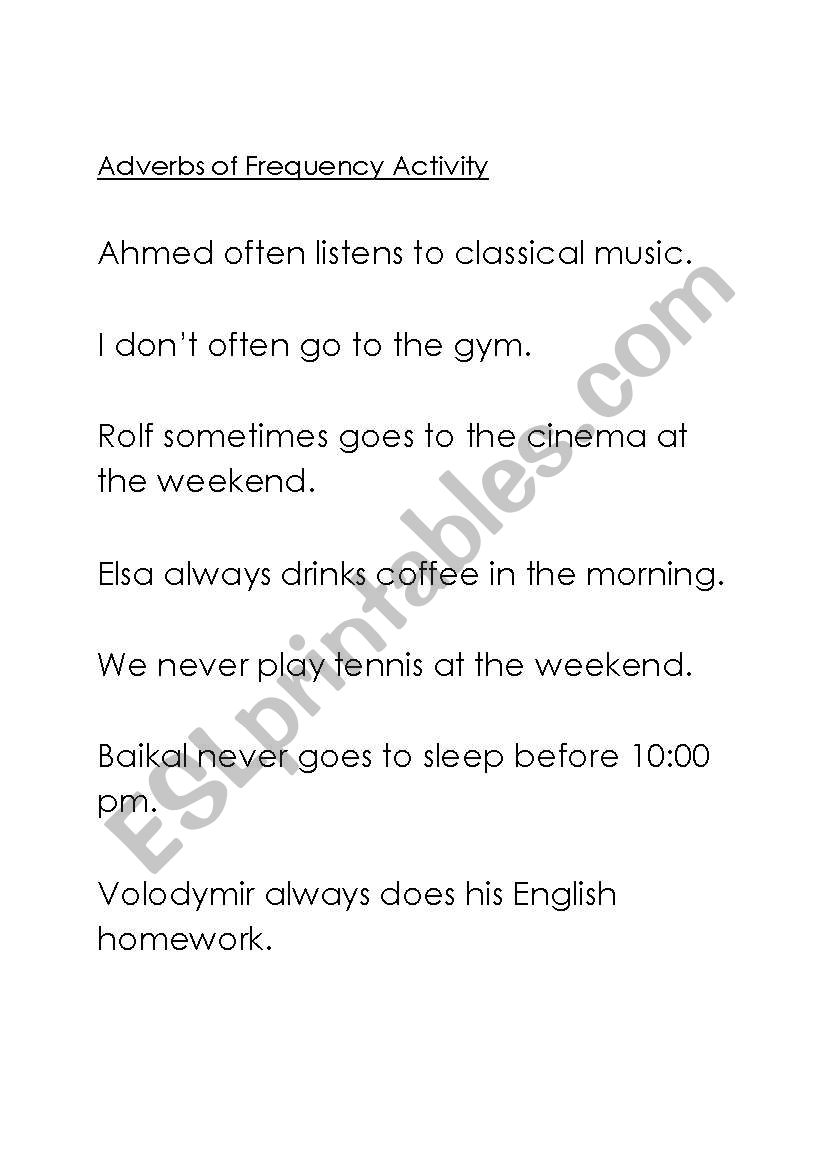 Adverbs of Frequency Activity worksheet