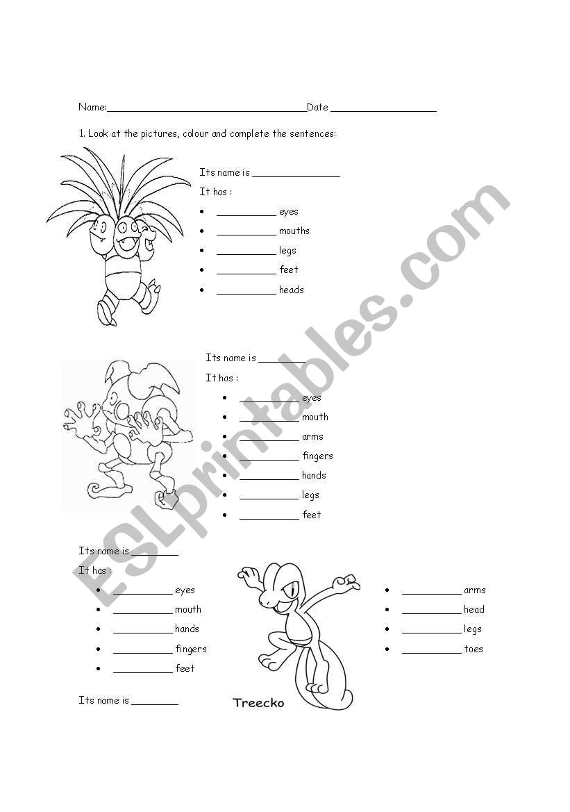 Pokemon body parts worksheet