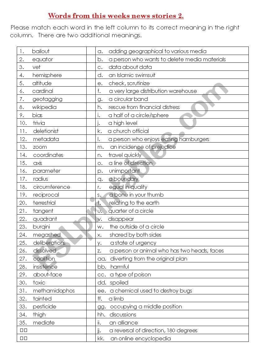 Vocab in the News 2. worksheet