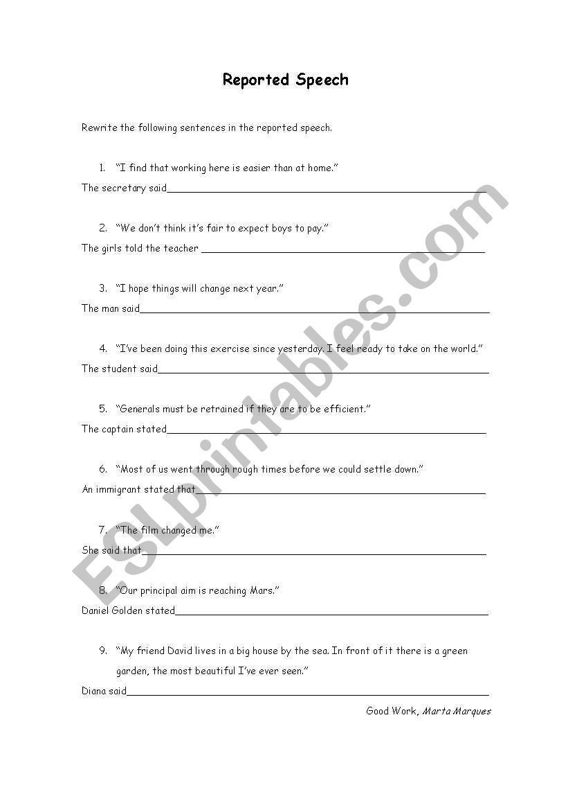 Reported Speech worksheet