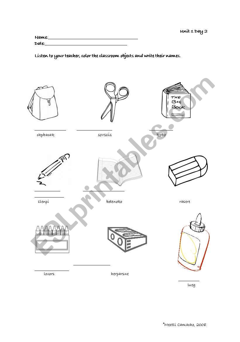 classroom objects worksheet