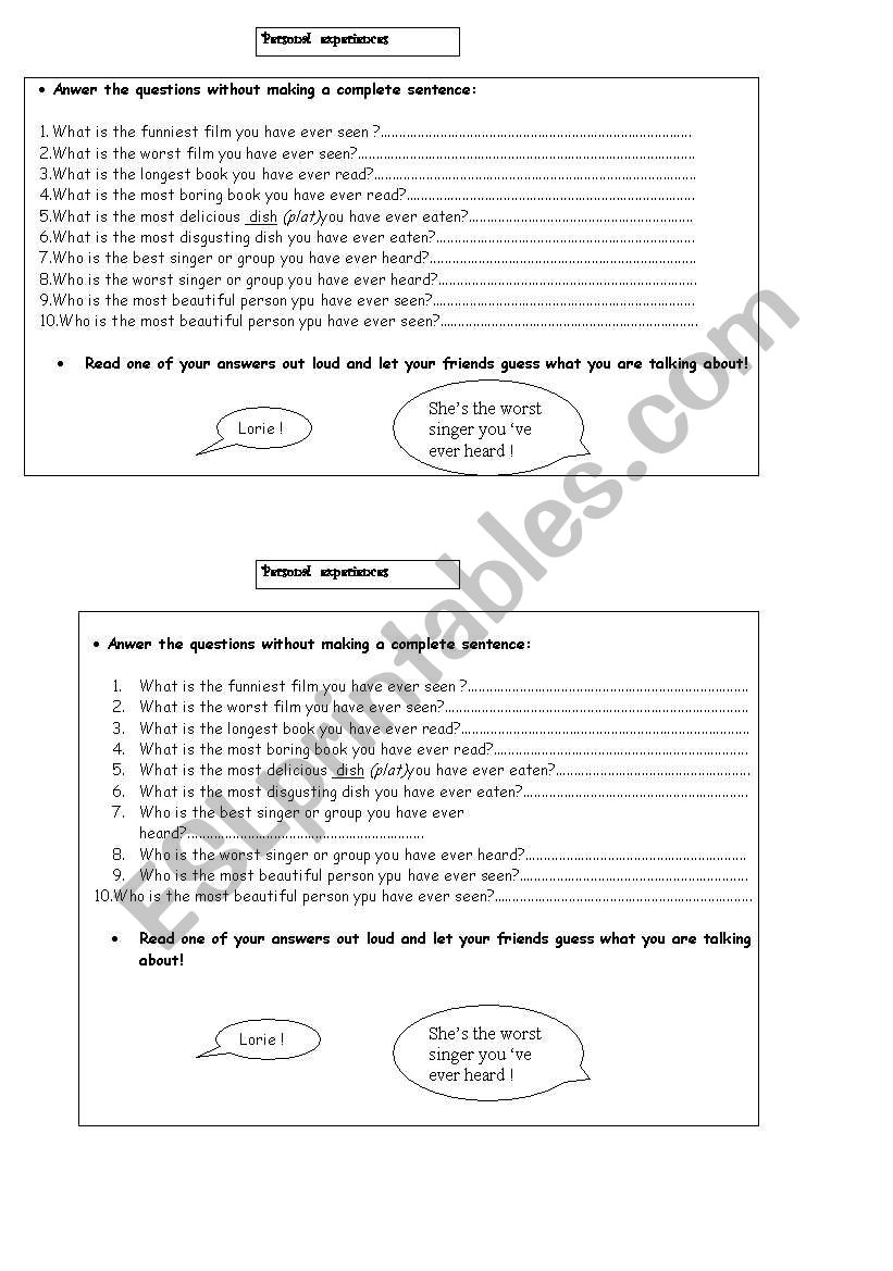 personnal experiences worksheet