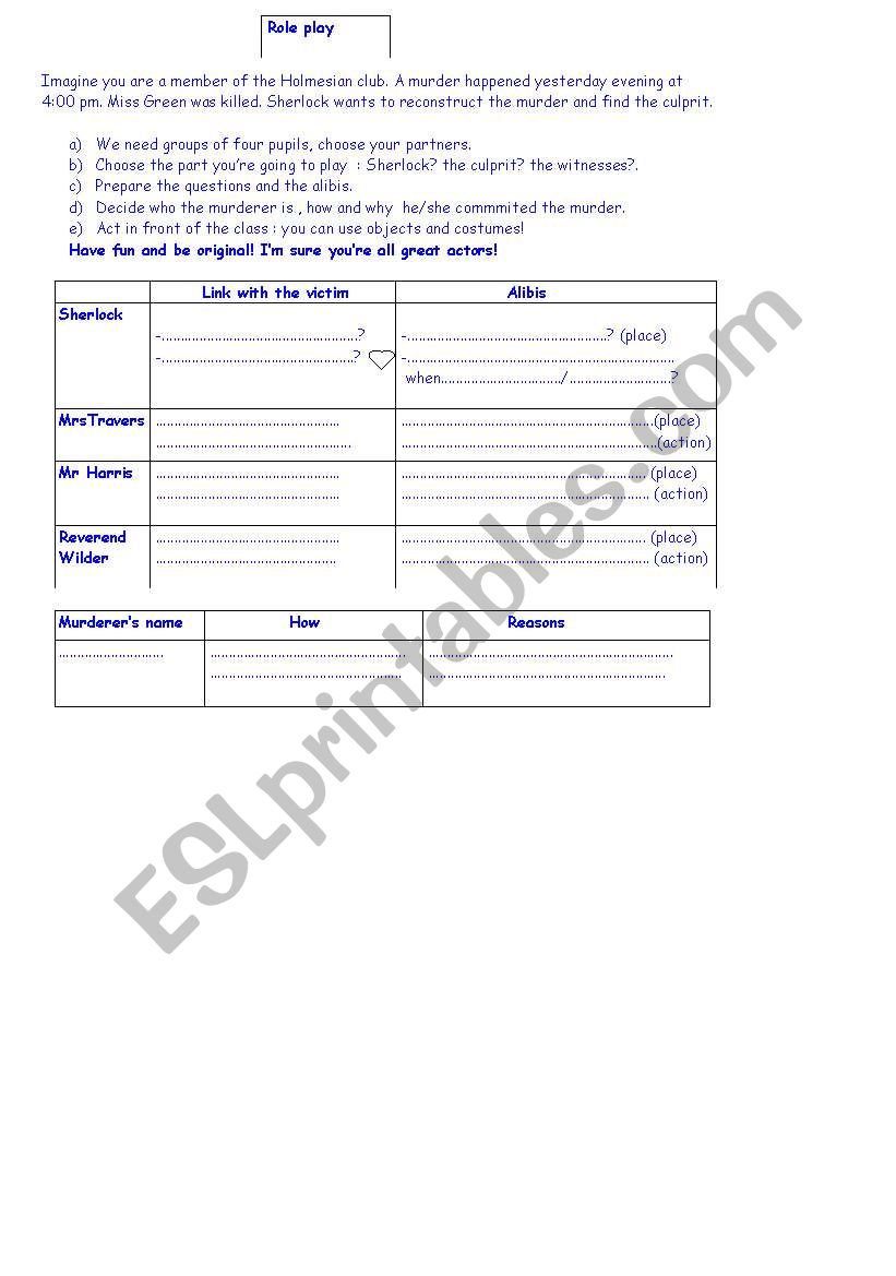 a role play about a murder worksheet