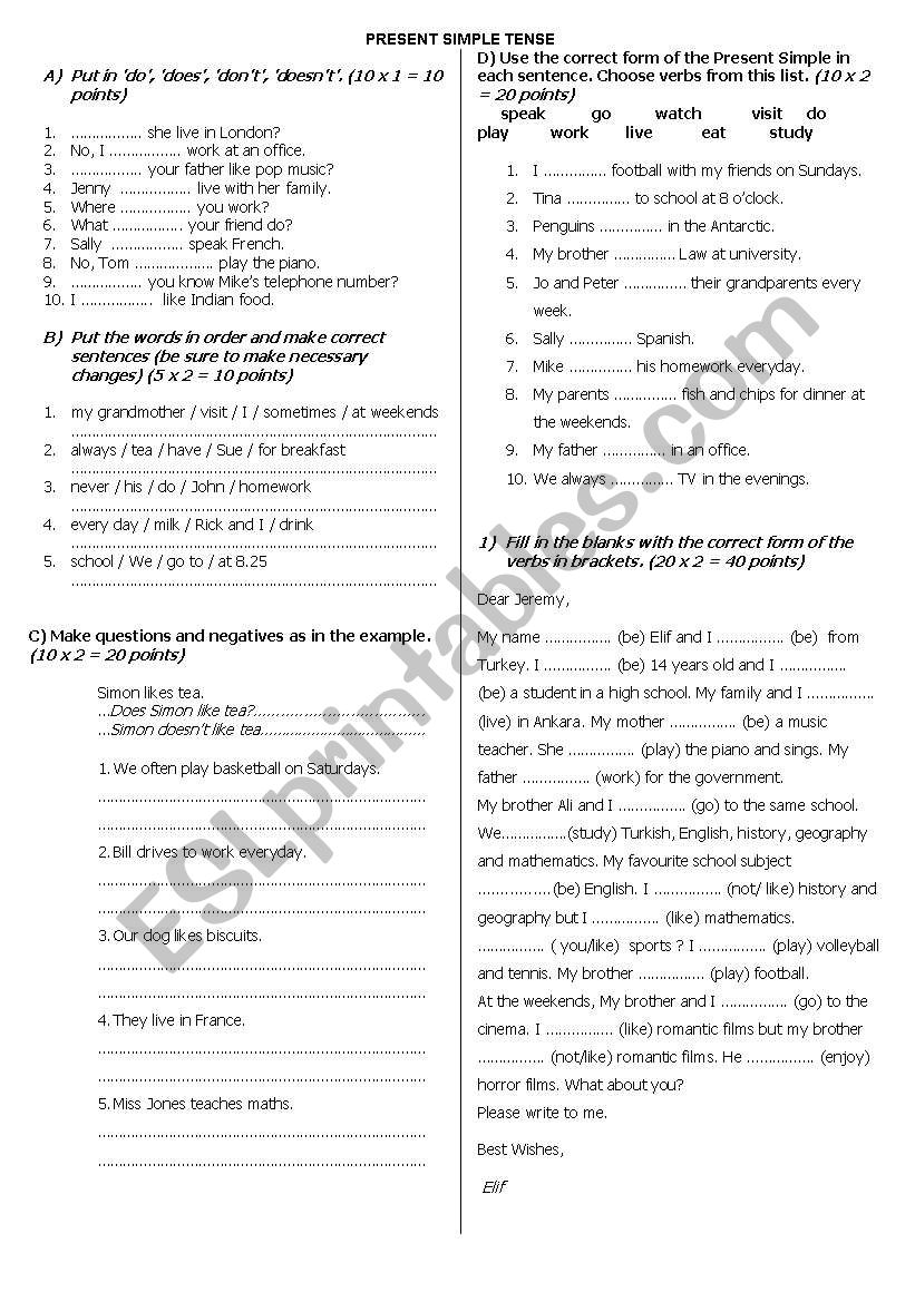 SIMPLE PRESENT TENSE QUIZ worksheet