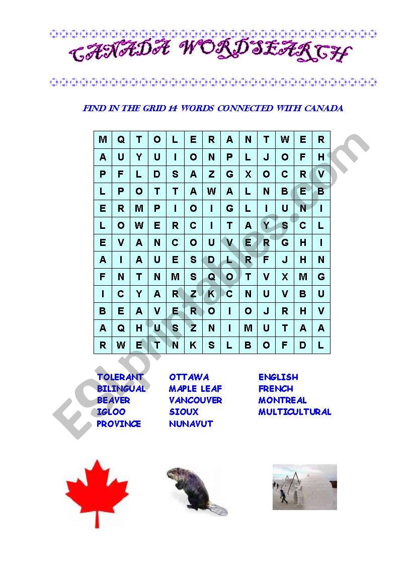 Canada word search worksheet