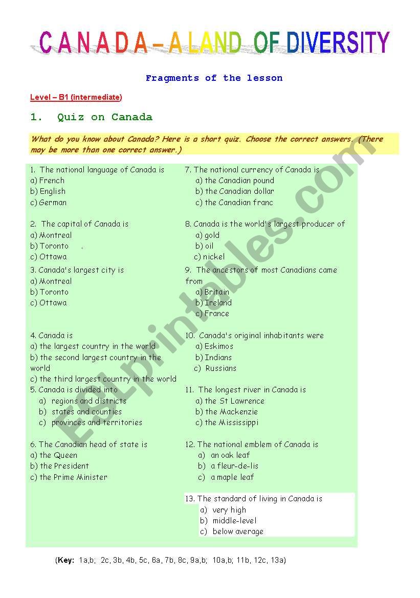 Canada - a land of diversity worksheet