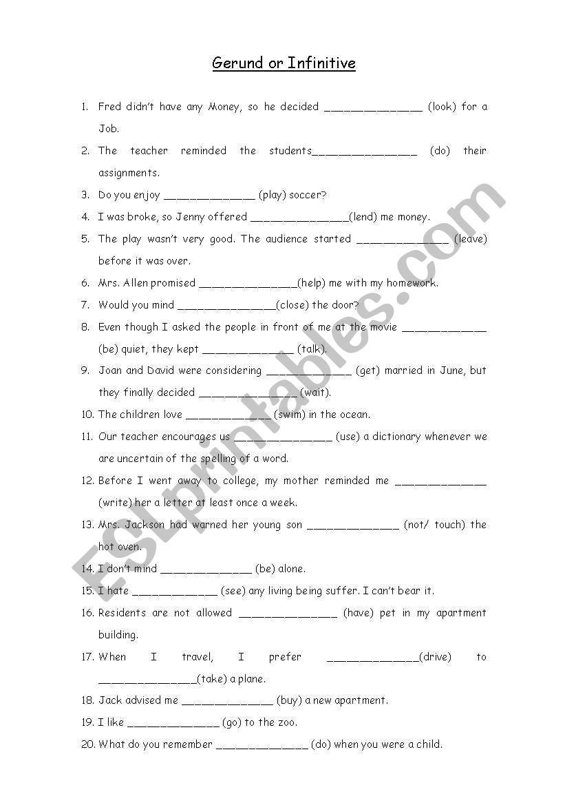 Gerund- Infinitive worksheet