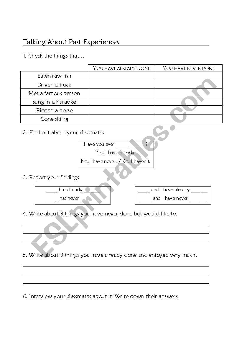 past experiences worksheet