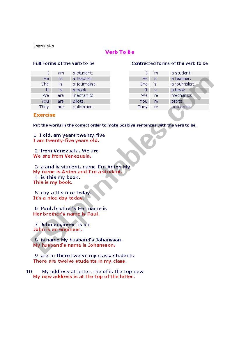 VERB TO BE worksheet