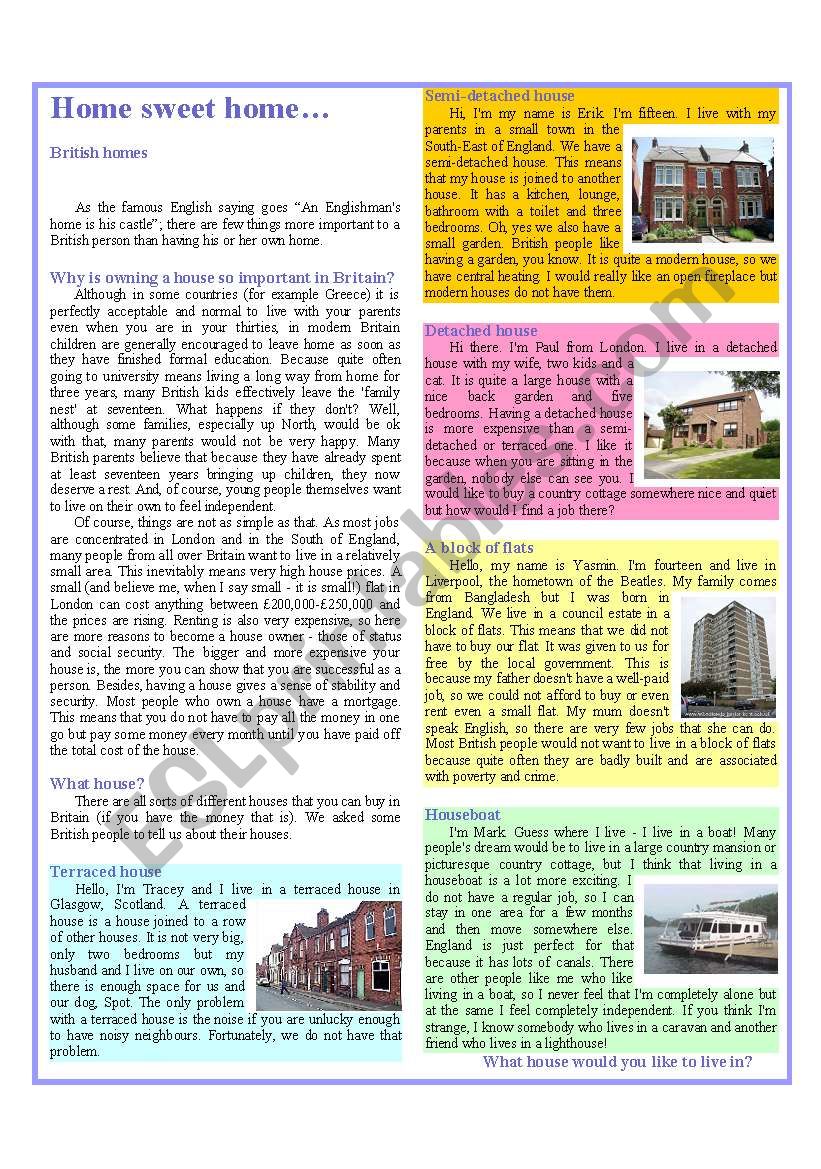 Home Sweet Home - I part worksheet