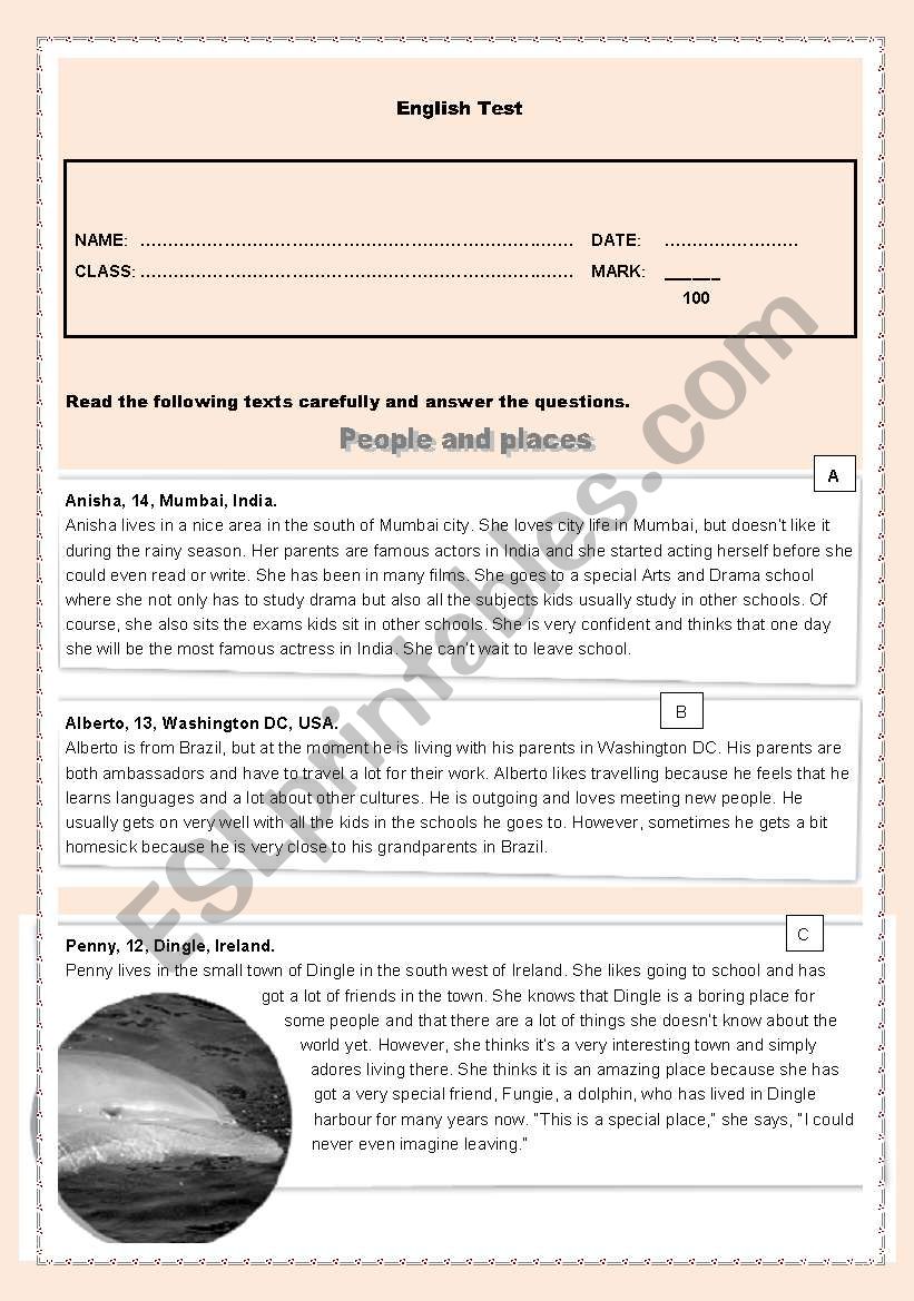 Test- People and Places worksheet