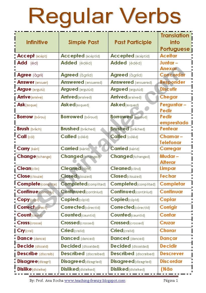 List of regular verbs worksheet