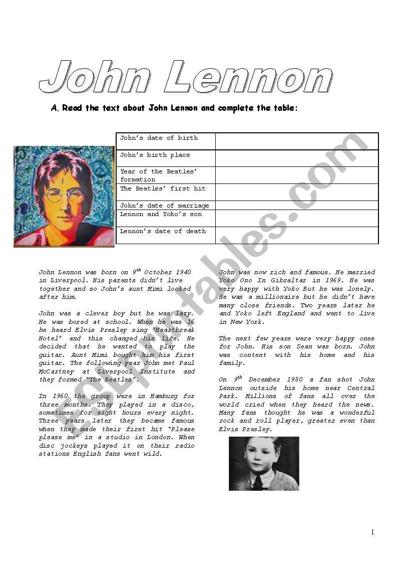 John Lennon (3 pages) worksheet