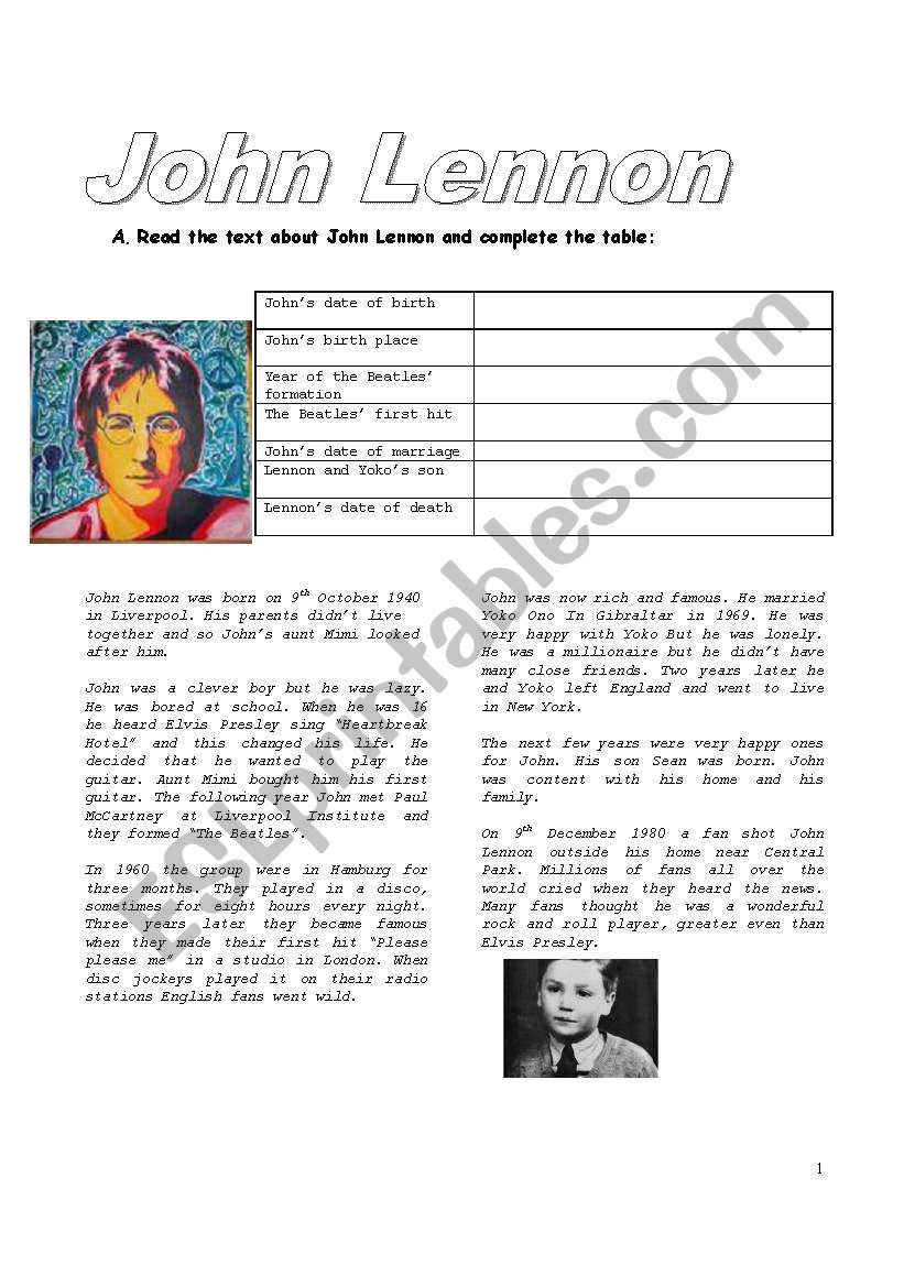 John Lennon (3 pages) worksheet
