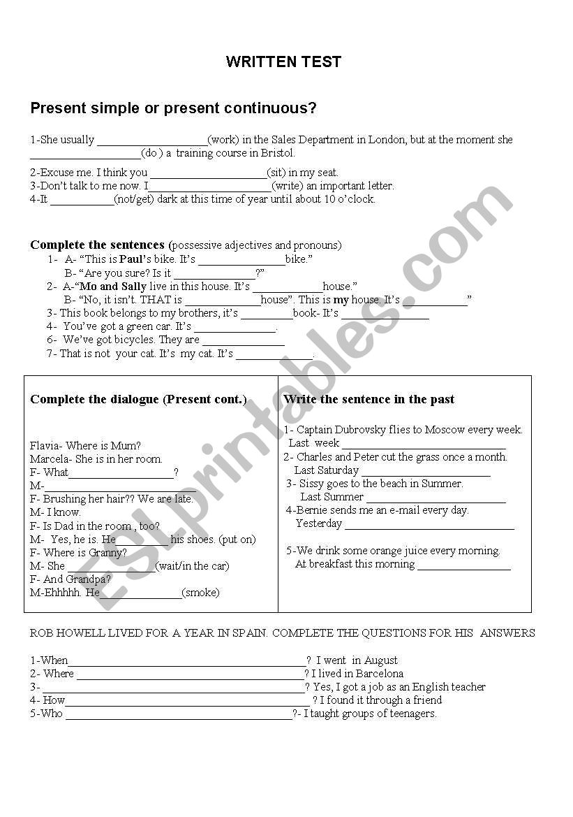 written test worksheet