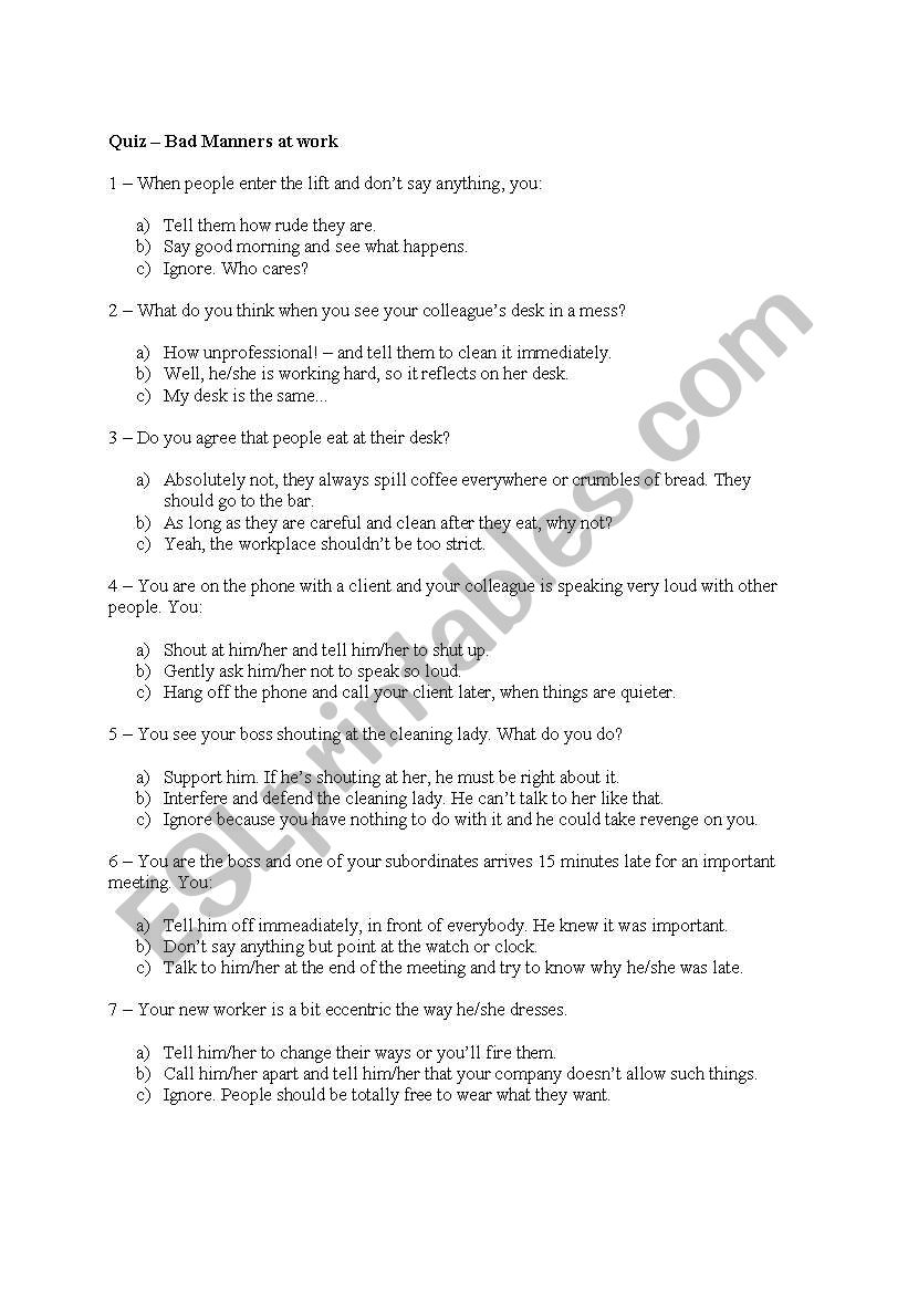 Bad Manners at work worksheet