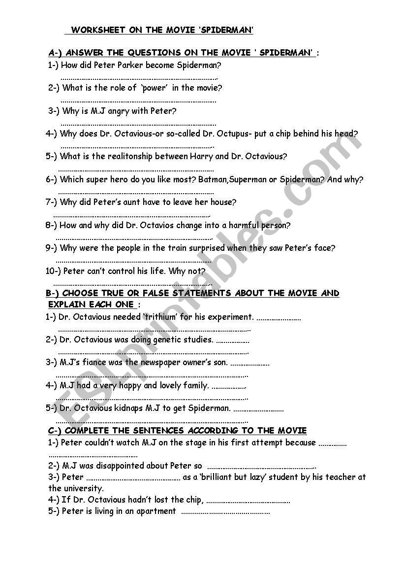 WORKSHEET ON SPIDERMAN-1 worksheet