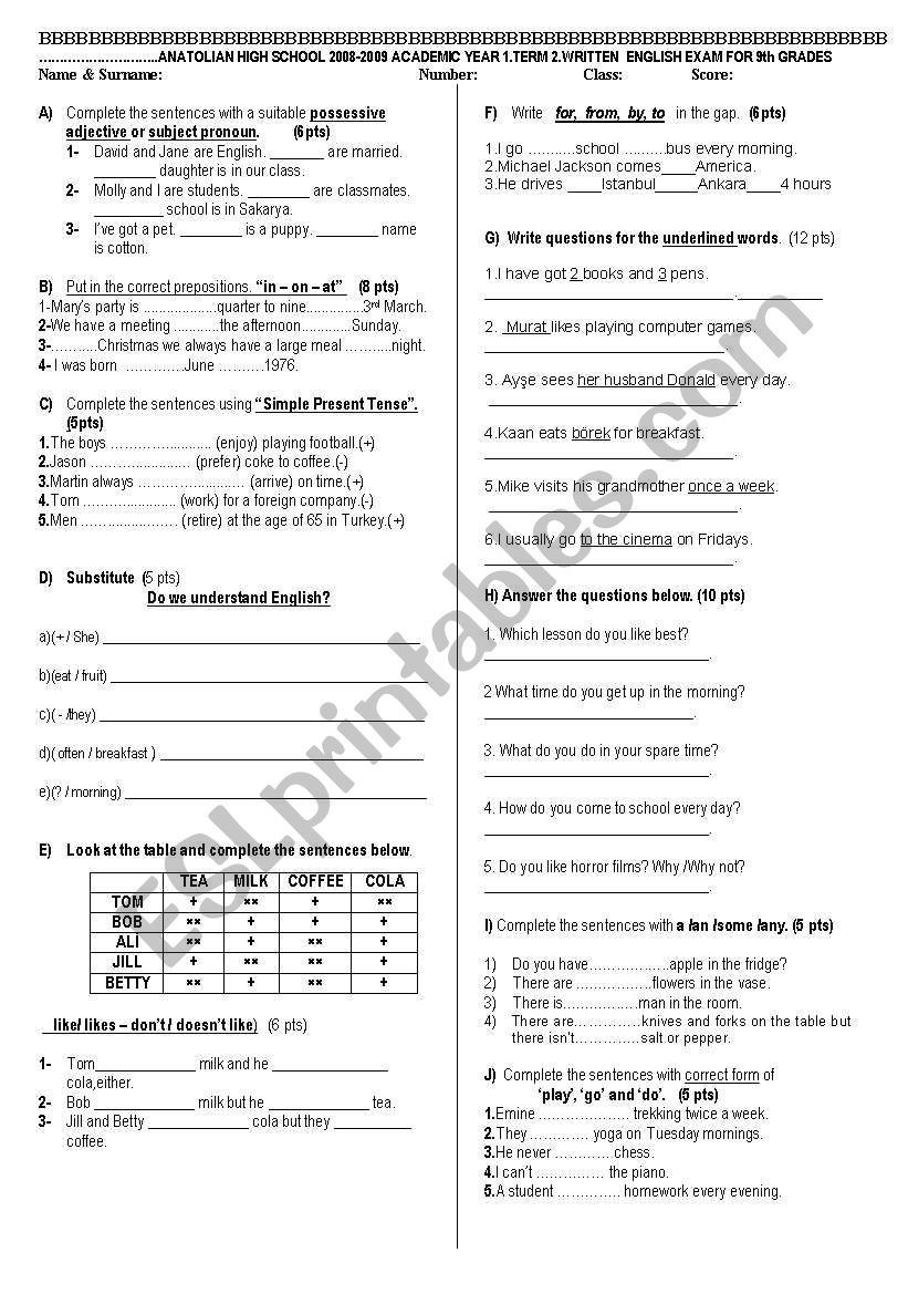 test elementary B worksheet
