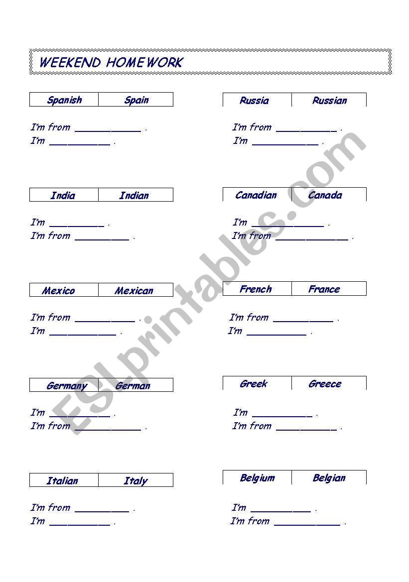 Countries and Nationalities worksheet