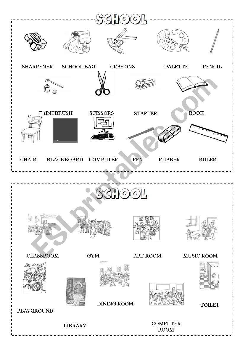 School mini-dictionary (B&W) worksheet