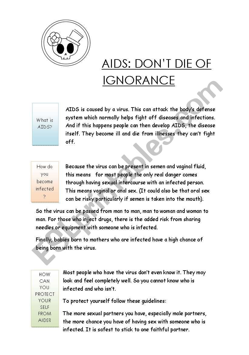 AIDS: DONÂ´T DIE OF IGNORANCE worksheet