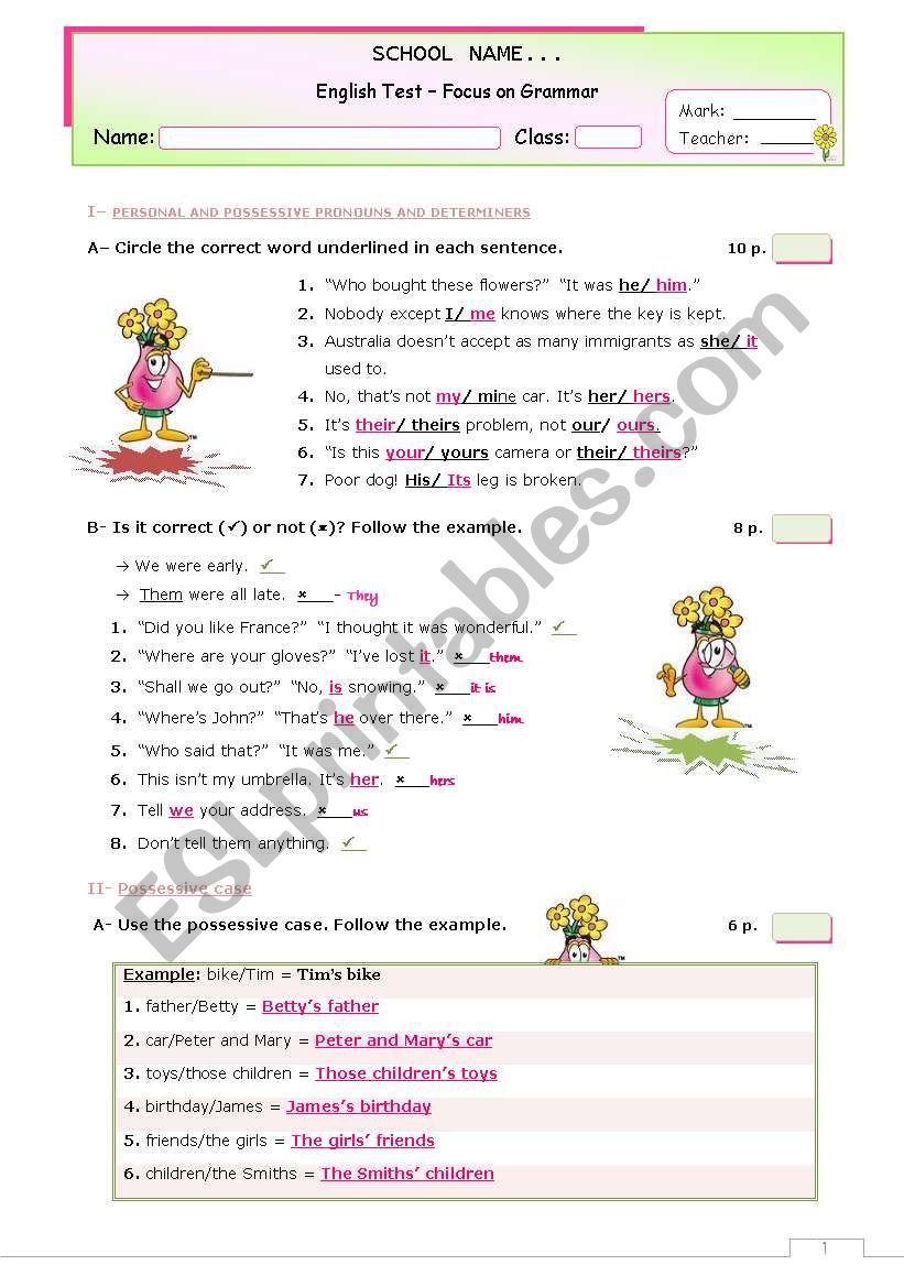 The KEY for the GRAMMAR TEST worksheet