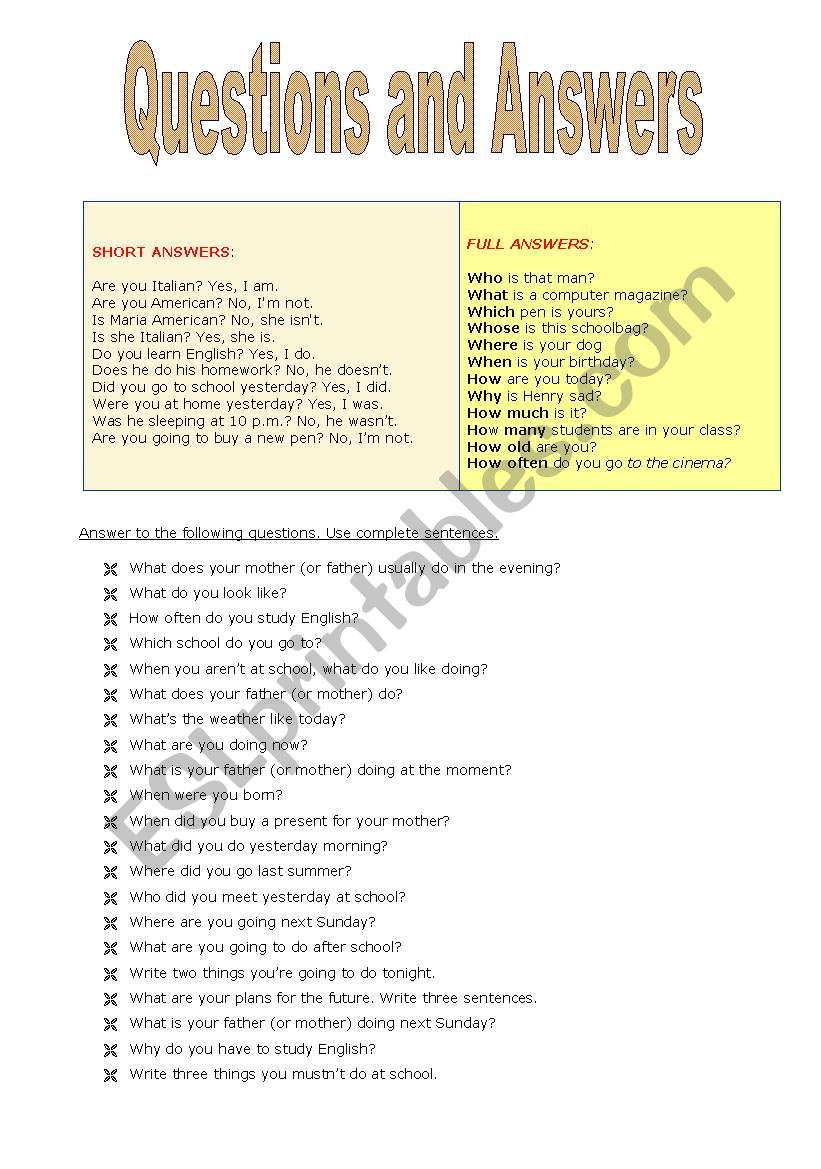 Question and answers worksheet