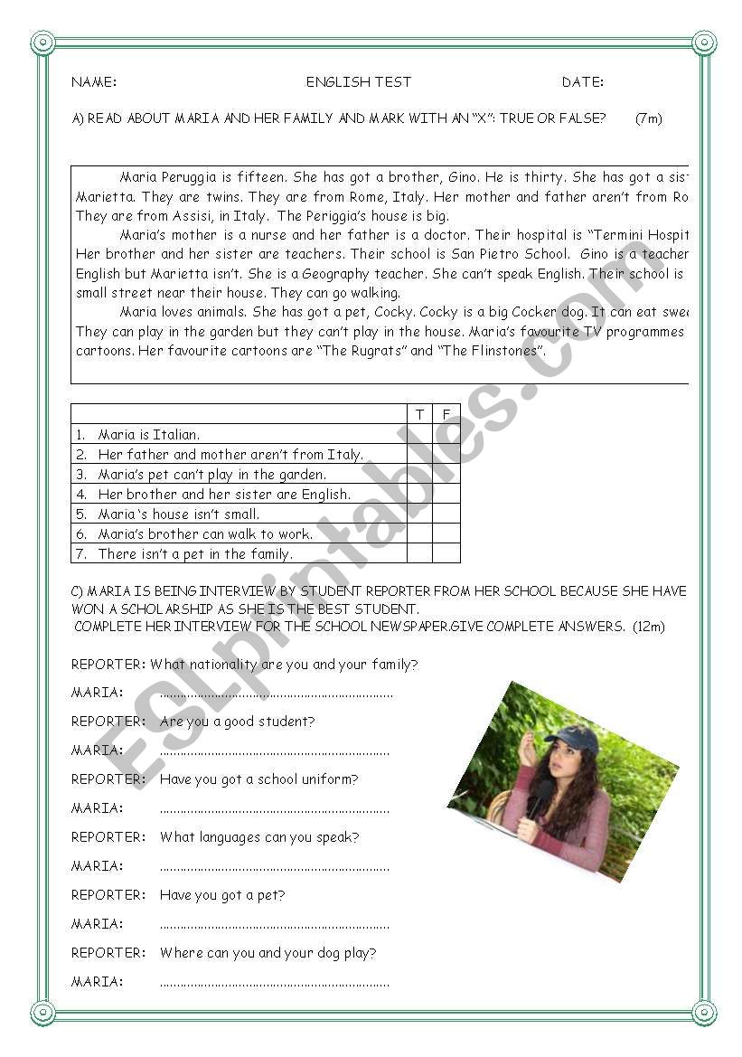 READING COMPREHENSION TEST worksheet