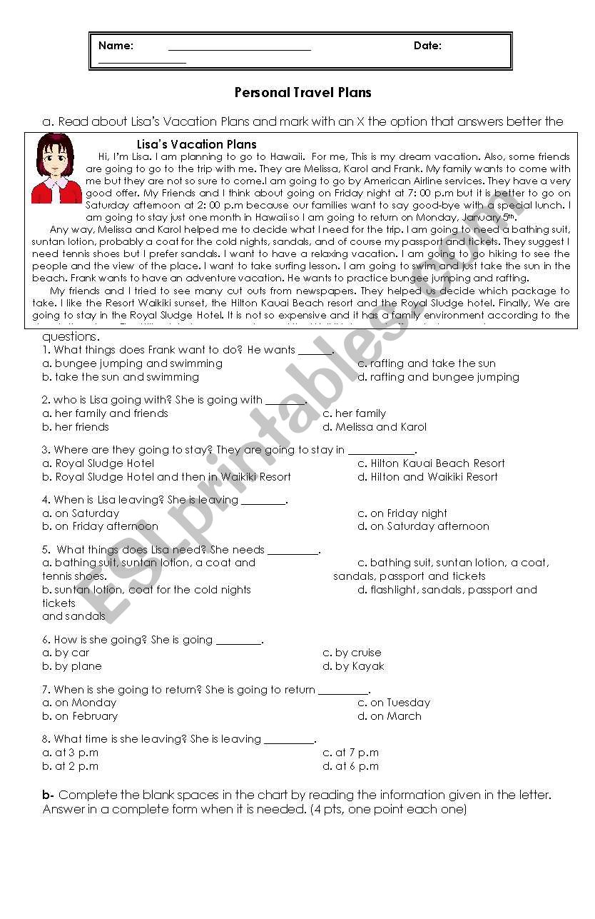 Personal Travel Plans worksheet