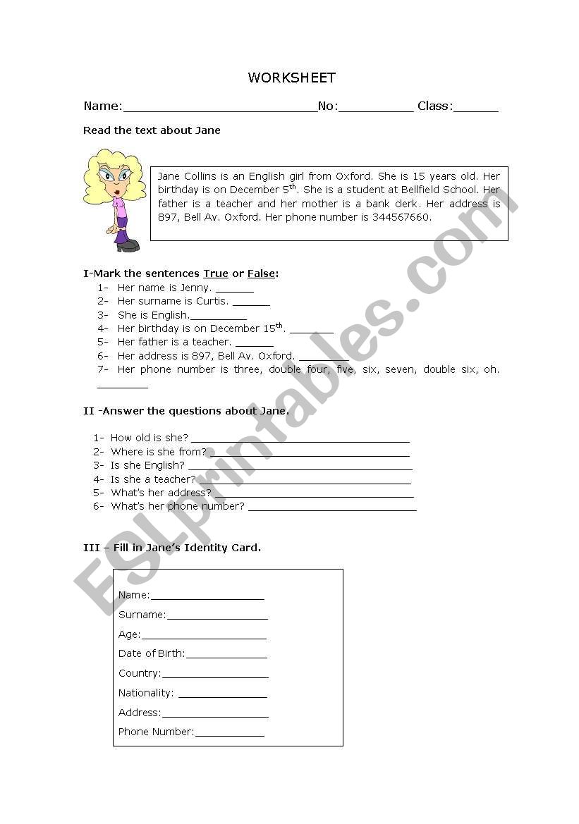 Identity Card worksheet