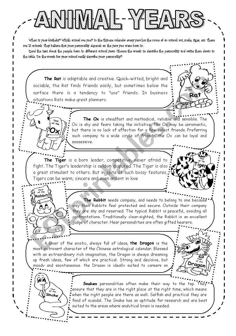 Animal Years worksheet