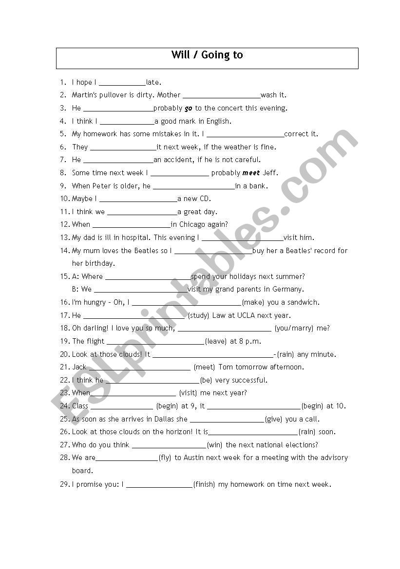 Will / Going to worksheet