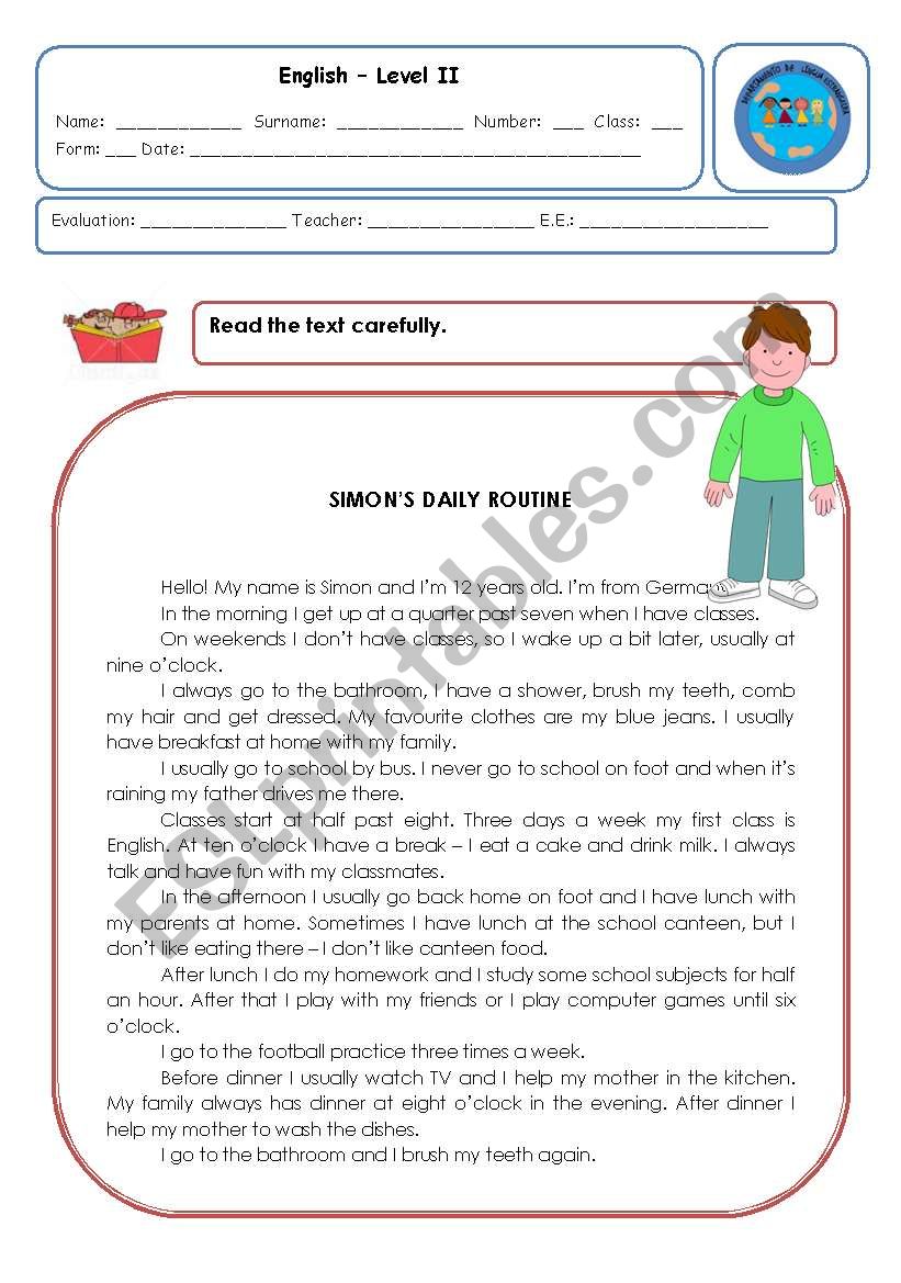 SIMONÂ´S ROUTINE - TEST worksheet