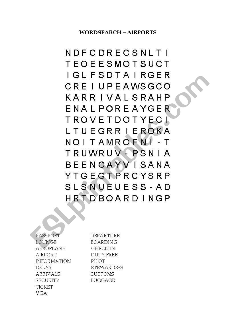 Airport Wordsearch worksheet