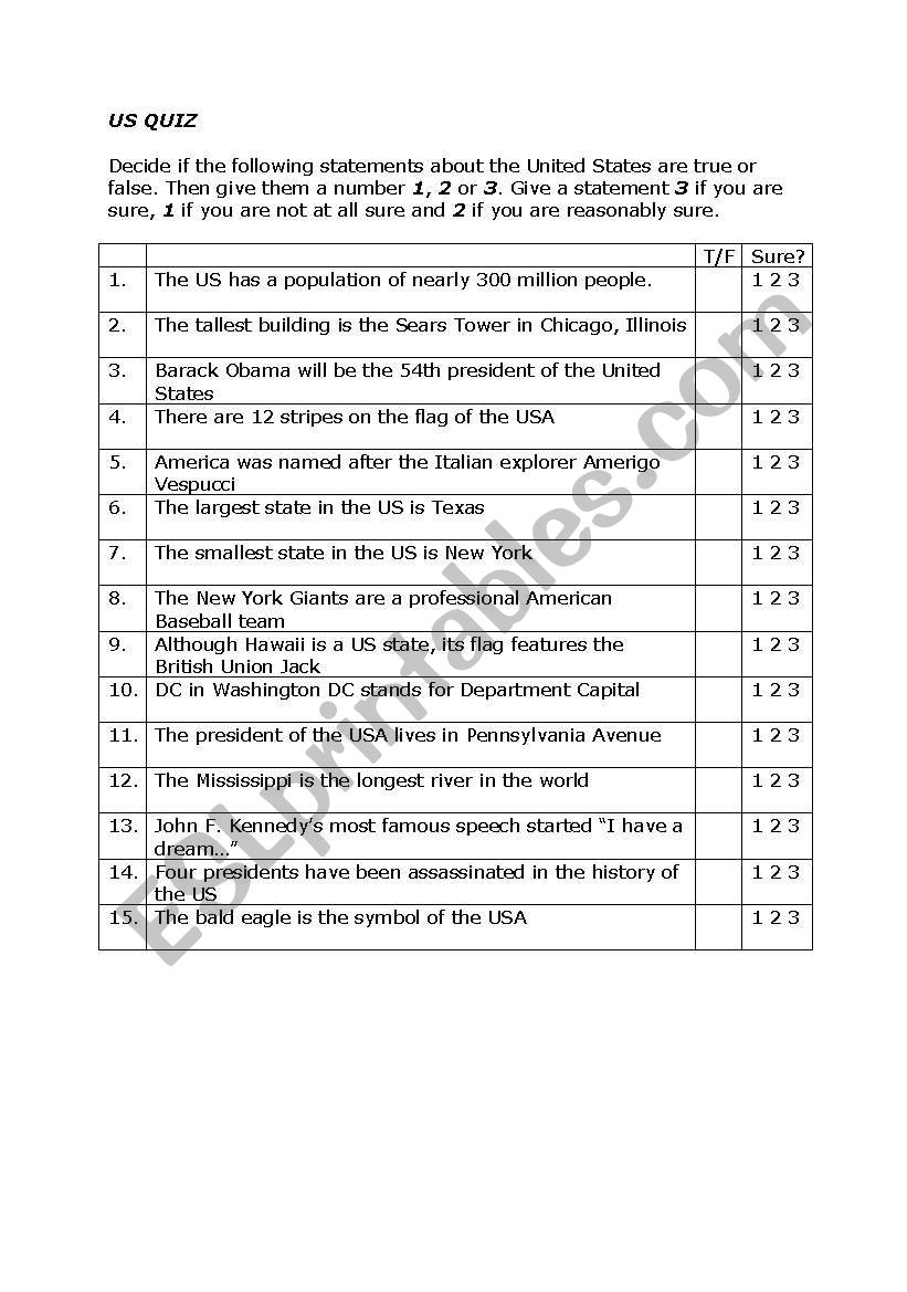 USA quiz + answers worksheet