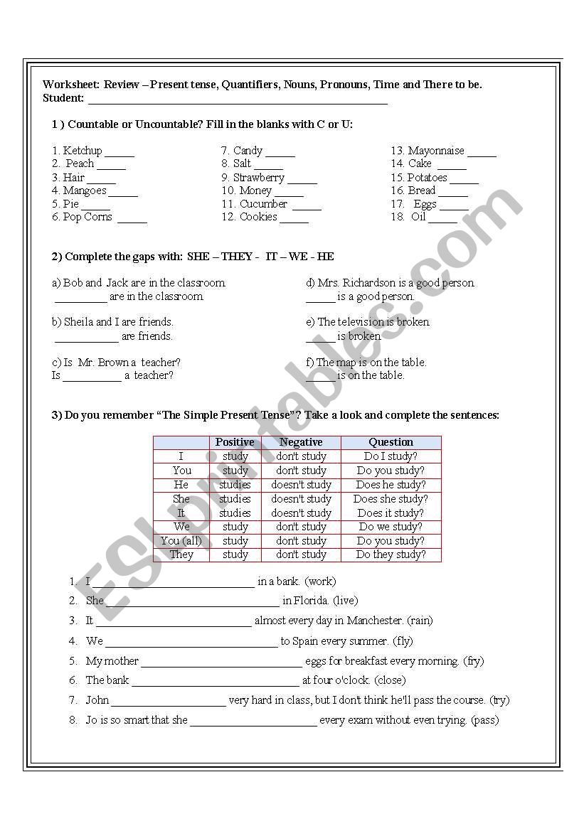 Test - Personal pronouns, Quantifiers, There to be, Simple Present and Present Continuous, time