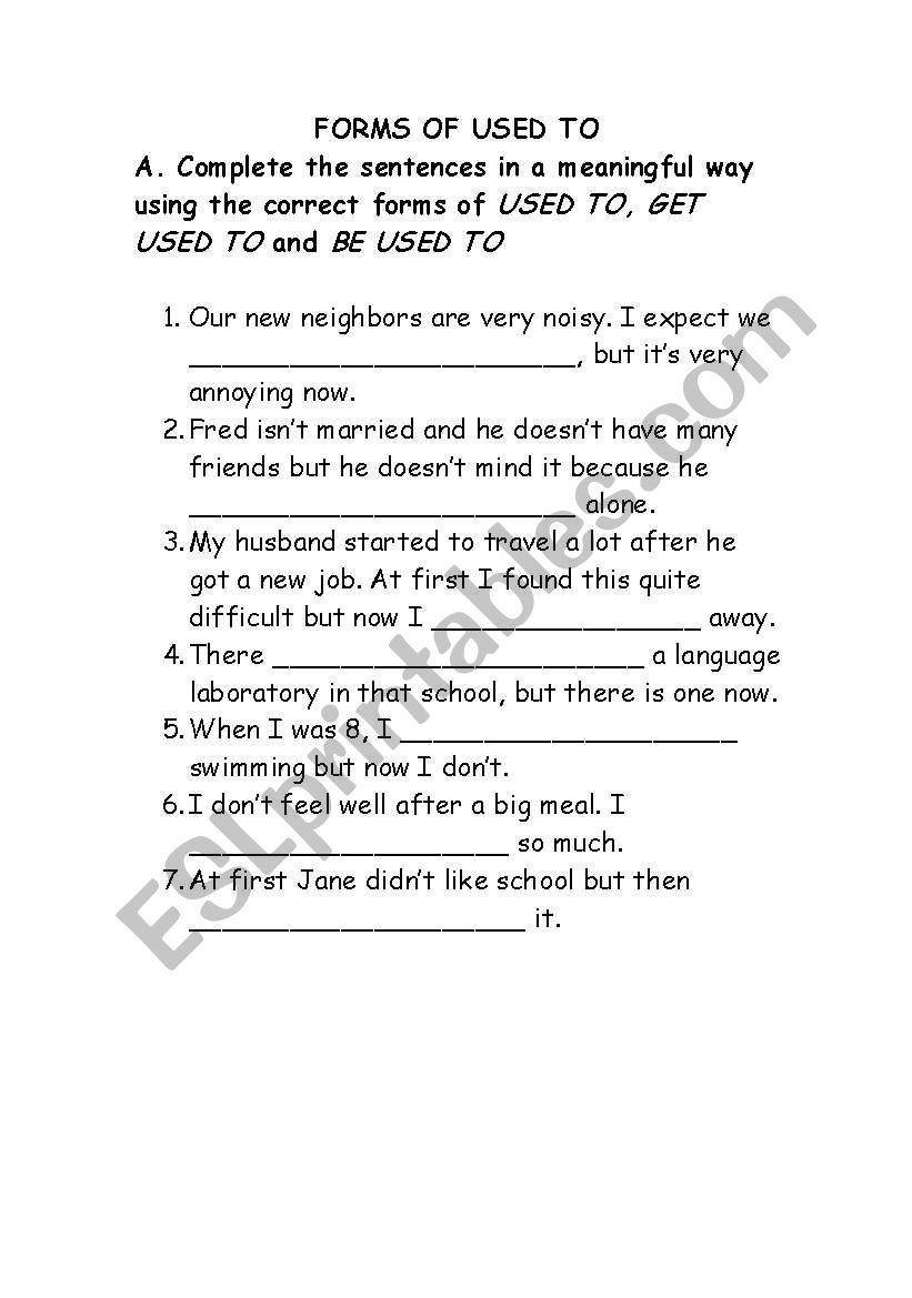 FORMS OF USED TO worksheet