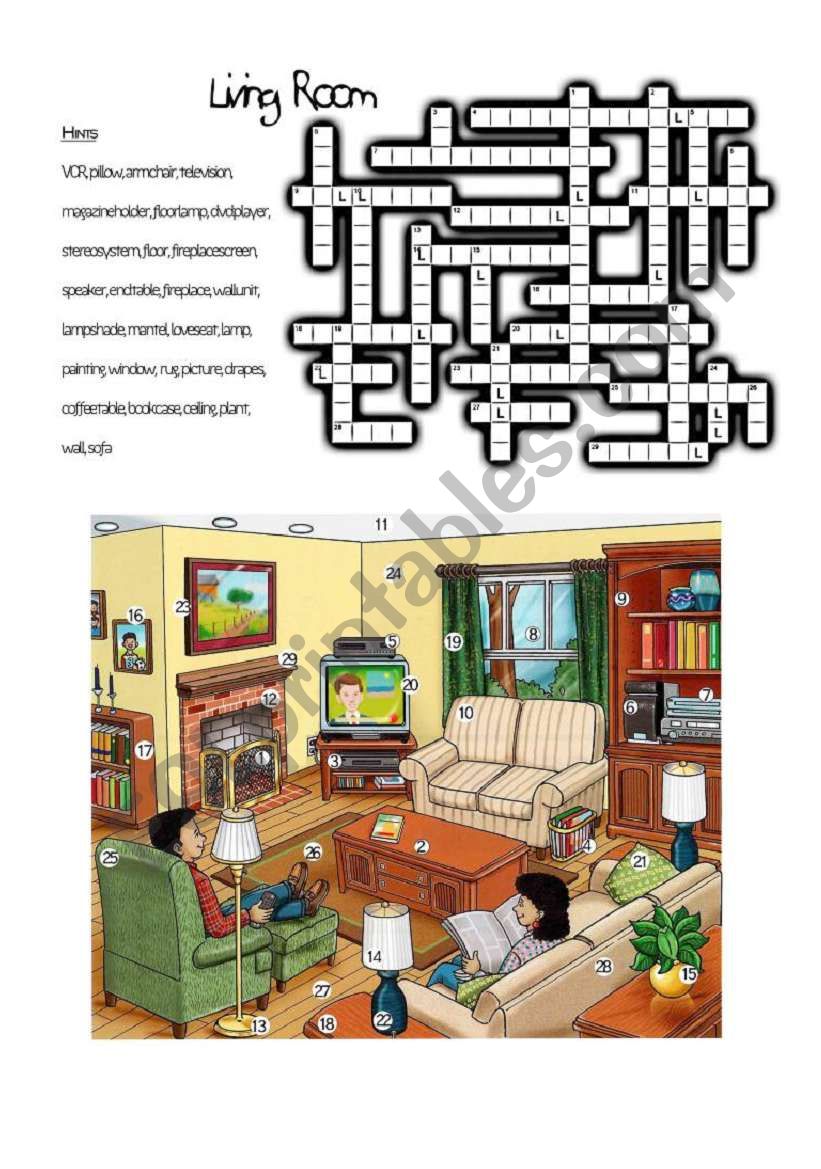 living room crossword worksheet