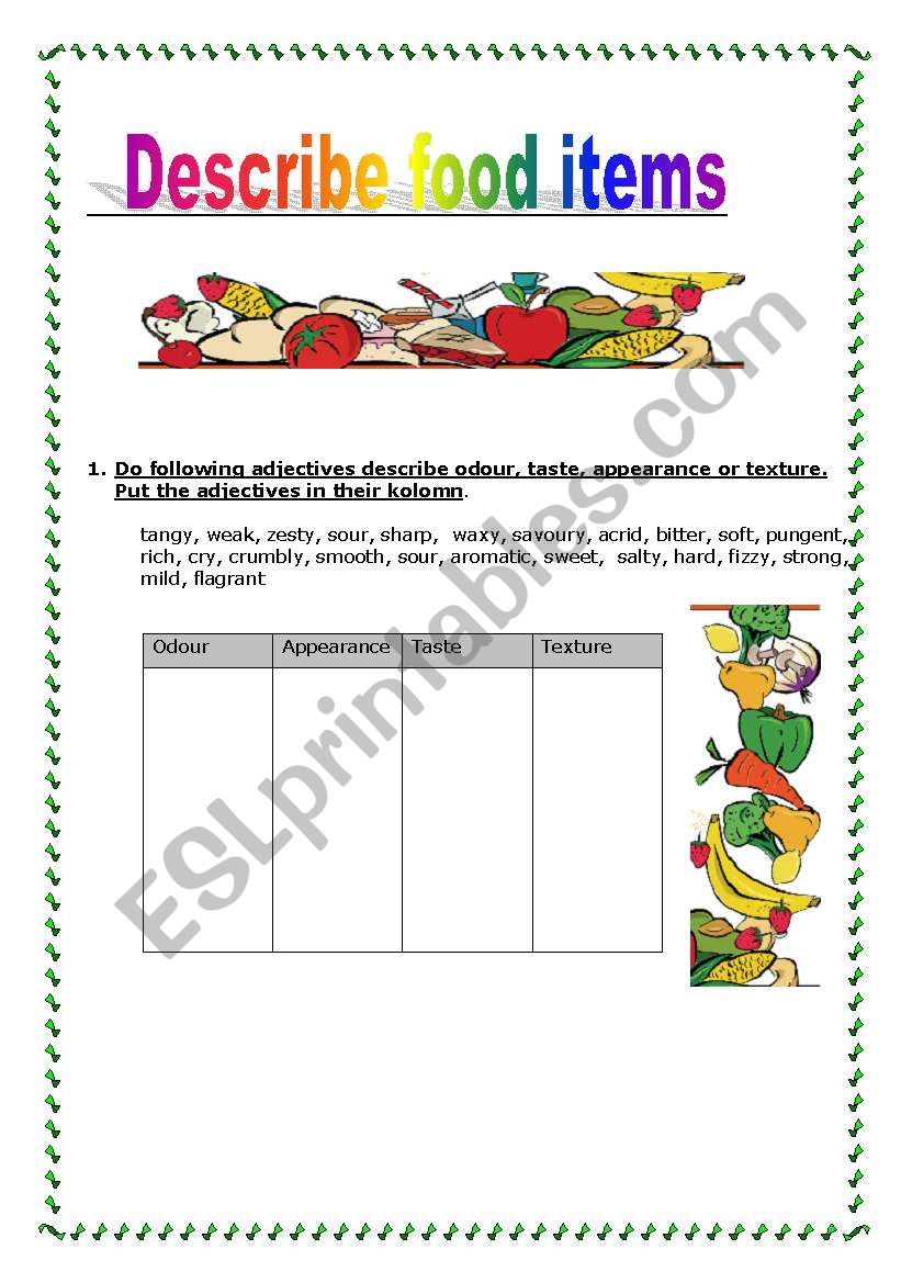 Describe food items worksheet part 1 (of 4)