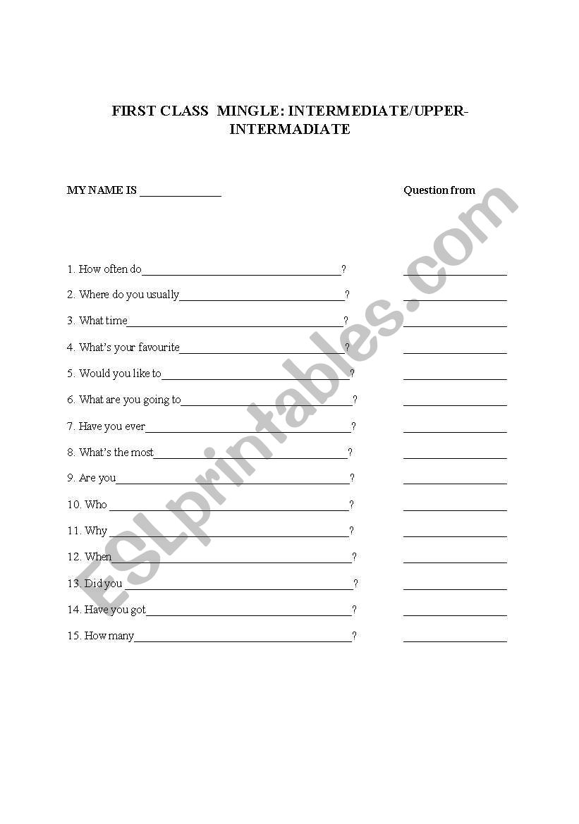 First class mingle  worksheet
