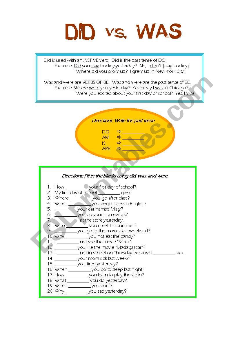 Did vs. Was worksheet