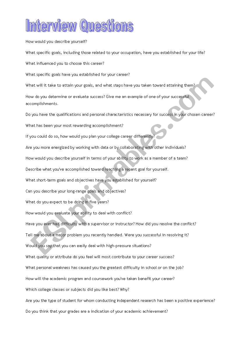 Interview Questions worksheet