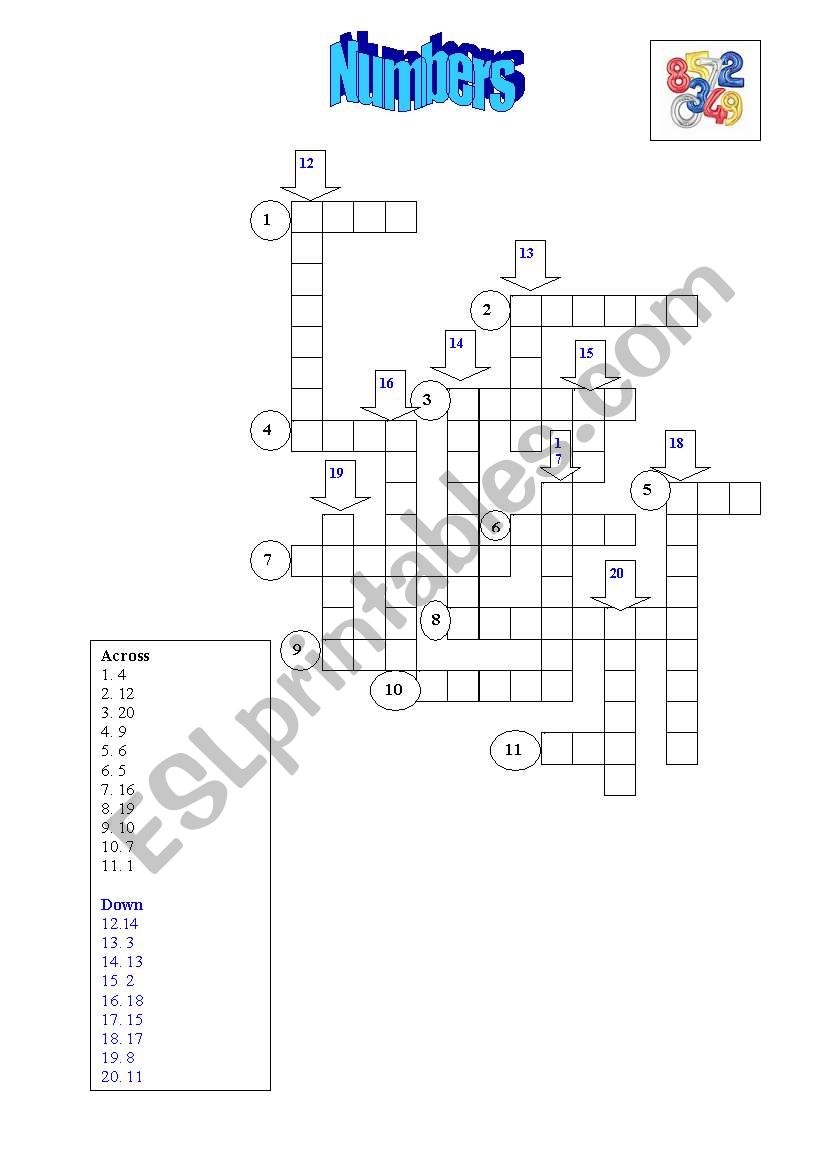 Numbers crosswords worksheet