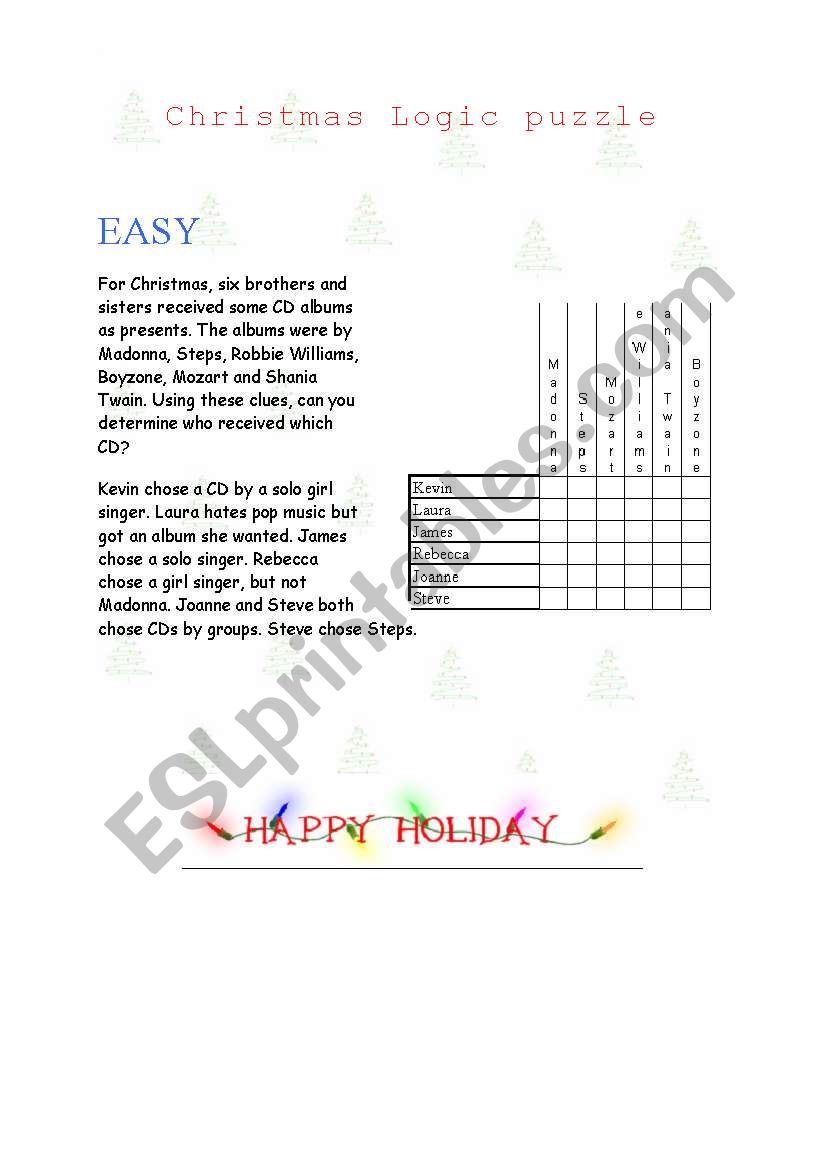 Christmas logic puzzle worksheet