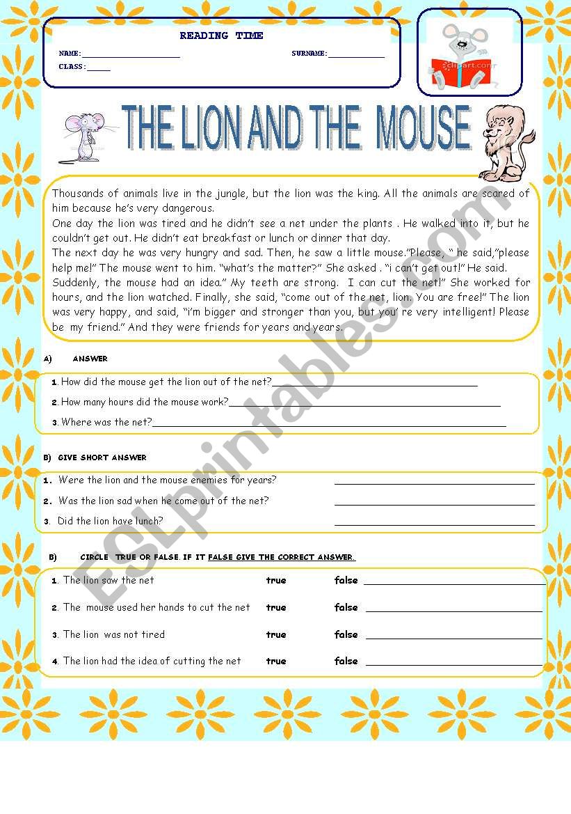 THE LION AND THE MOUSE worksheet