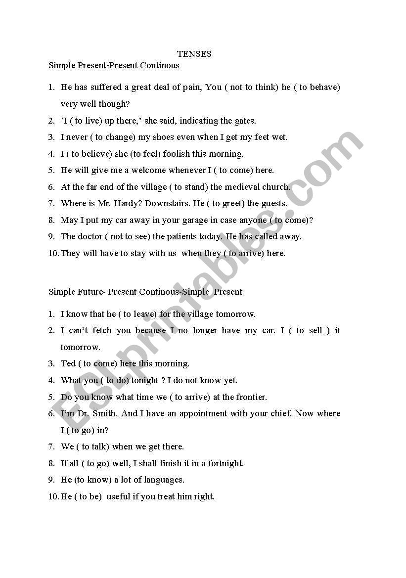 Tenses;  worksheet
