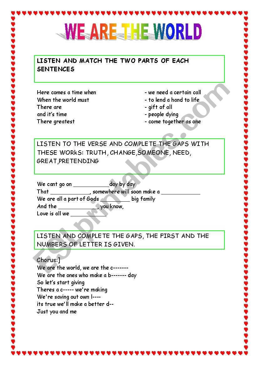 we are the world song worksheet