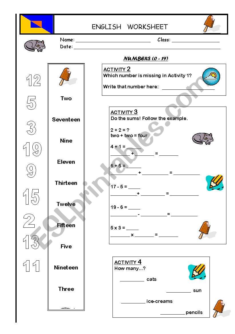 Numbers 0-19 worksheet